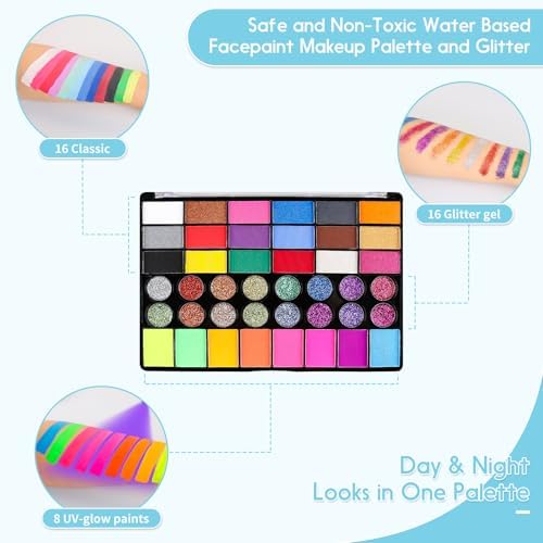 Pintada 42 Color Face Painting Kit for Kids - Non Toxic Water Activated Face Paint Palette With Stencils, Brush, Sponges, Book. For Carnival, Halloween, Costume Makeup and Festivals & Events
