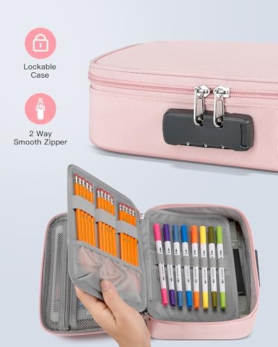 Zannaki Large Capacity Pencil Pouch Case with Lock, Pen Marker Stationery Bag Art Supply Storage Organizer Box for Bullet Journal Middle High School College Student Teen Girl Boy Women Adult, Pink