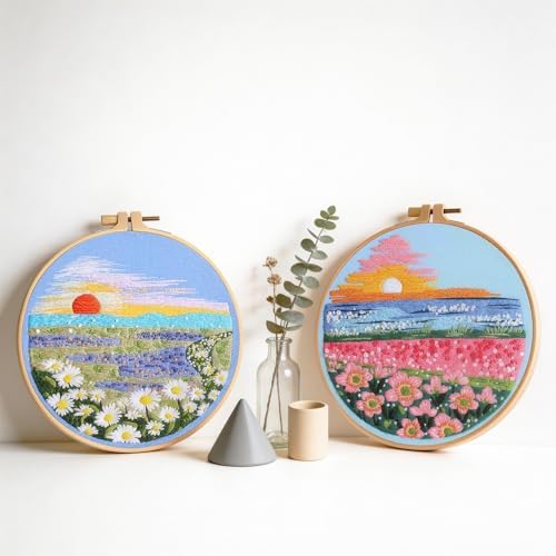 spicssa 2 PCS Embroidery Kit for Beginners, Hand Needlepoint Kits for Adults with Pre-Stamped Patterns, 7.8-Inch Hoop, Threads & Needles, Step by Step Instructions