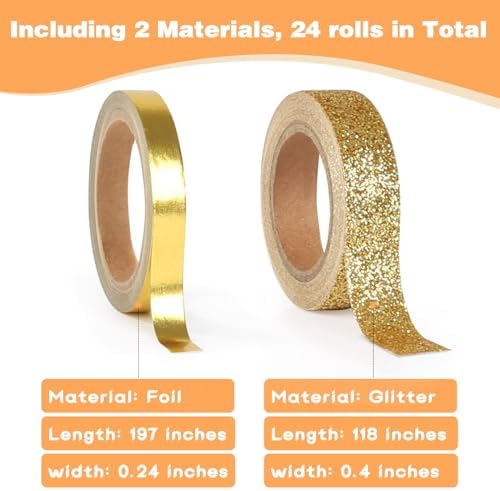 Metallic Glitter Washi Tape - 24 Rolls Thin Colored Masking Tape Set, 6mm/10mm Decorative Tapes for Bullet Journal, Scrapbook, Christmas DIY Crafts, Gift Packaging