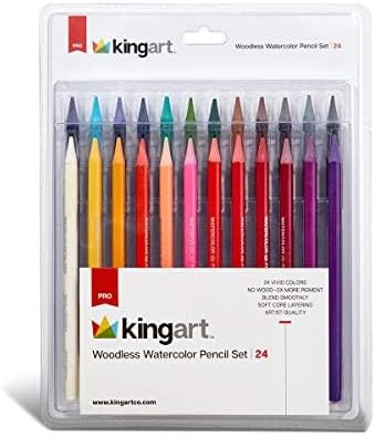 KINGART 315-24 Pro Artist Quality 24 Ct. Woodless Watercolor Pencil Set, 24 Soft Core, Pre-Sharpened Crayon Style Art Pencils, Use Wet or Dry, Professional to Beginner