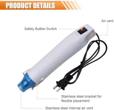 220V 300W Mini Heat Gun, Portable Electric Hot Air Gun with Stand & Power Cord, Handheld Heating Tool for Car Vinyl Wrap, Drying Paint, Epoxy Resin, DIY Embossing(White)