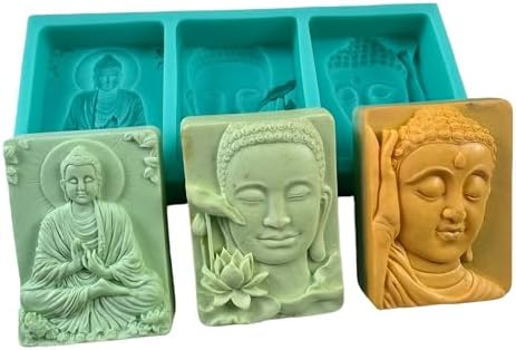 3 Cavity Buddha Silicone Soap Mold - 3D Buddha & Lotus Soap Making Mold for Homemade Soap, Candles & Crafts - Non-Stick Reusable Silicone Craft Mold