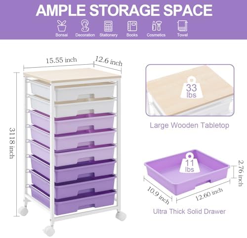SYKIARIOL Rolling Cart with Drawers,8 Drawers Storage Cart,Purple | Craft Organizers and Storage with Wooden Tabletop for Living Room,Classroom,Bedroom,Bathroom,Dorm,Office
