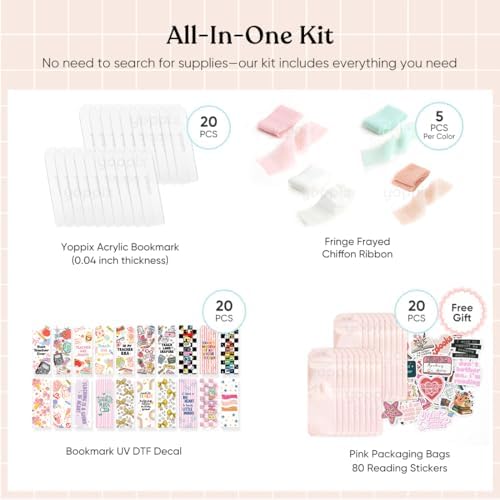 YOPPIX 6x2” Acrylic Bookmark Blanks- 20 Set Bookmark Making Kit with 20 UV DTF Stickers About Teacher Theme 20 Ribbon 80 Bookish Stickers for DIY Your Crafts Gift for Teacher