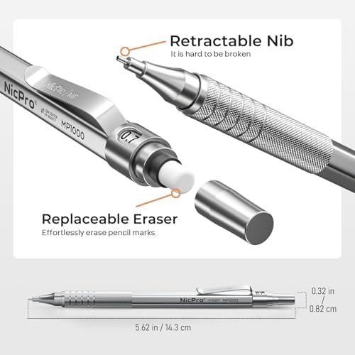 Nicpro 35PCS Silver Metal Mechanical Pencil Set, Art Supplies with Case