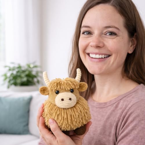 LEISURE ARTS Amigurumi Highland Cow Crochet Kit Tan – Adult Crochet Kit for Amigurumi Animal Project, Highland Cow Plush 8 Inch Finished Figure
