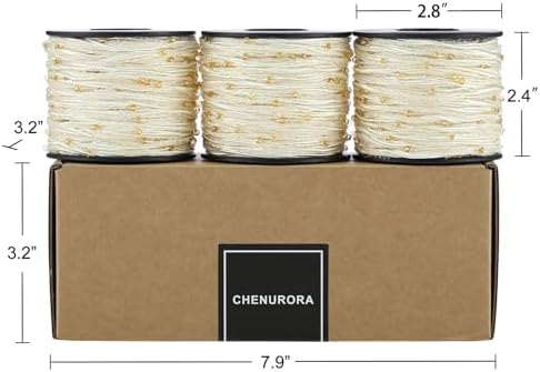 Artisanal Yarn Collection Multifiber Fancy Yarn for Knitting Crocheting Crafts DIY, Set of 3 Rolls (Cream Satin with Mini Golden Beads)