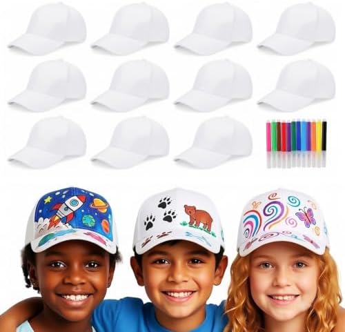 SHINEOFI 12pcs Kids White Baseball Caps Bulk DIY Plain Blank Caps with 12pcs Coloring Pens Painting Hats for Kids Birthday Parties Art Crafts Outdoor Activities