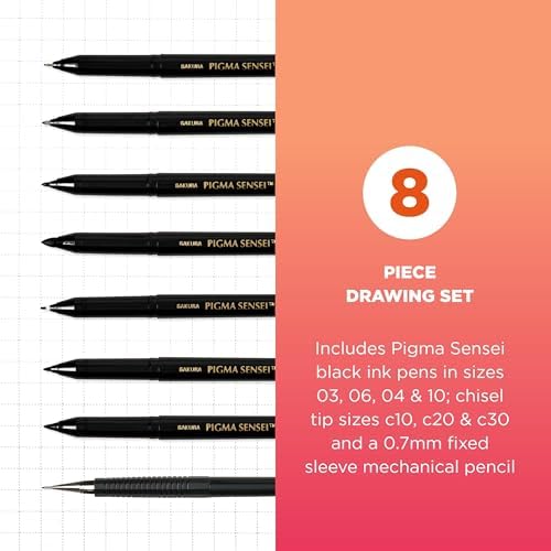 SAKURA Pigma Sensei Manga Drawing Kit, Black, Assorted Nibs, 8 Pack
