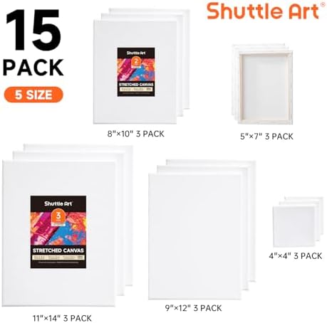 Shuttle Art Canvas for Painting, 15 Pack Multi-Size 4x4/5x7/8x10/9x12/11x14 Inch, Stretched Canvas, 100% Cotton, Primed White Blank Art Canvases, Ideal for Acrylic Oil Acrylic Pouring