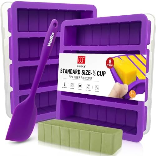 Silicone Butter Mold with Lid and Spatula (Purple), Walfos Non-Stick Tray Fits Standard Butter Stick Size, Large Cavity, Holds 8 TBSP, Ideal For Soap Bar, Energy Bar, Brownie, Cake, 2 Packs