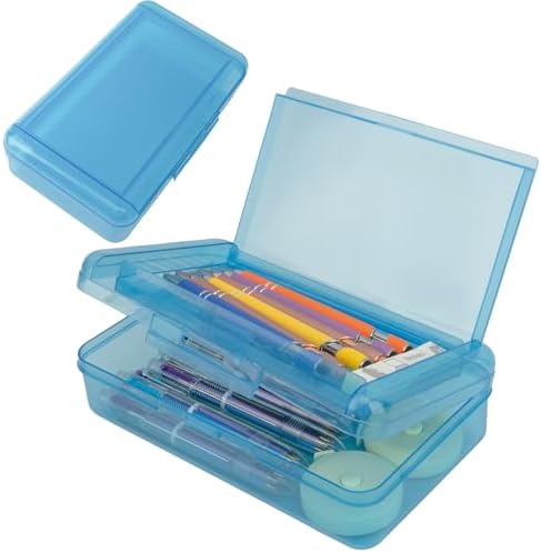 Pencil Case Box, Navy Blue Double Layer Large Capacity Plastic Pencil Boxs, Hard Pen Case with Snap-tight Lid,Storage Art Craft Box Marker Organizer for Kids Boys Girls Offices Back to School Supplies