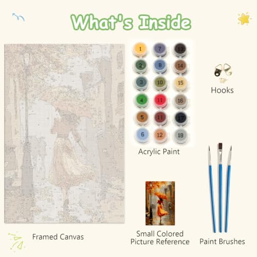 Spandrel Autumn Lady Framed Paint by Numbers Kit for Adult, Adult Paint by Number Kits on Canvas Street Scene, DIY Acrylic Oil Thanksgiving Painting by Numbers for Home Wall Decor, 8x12in