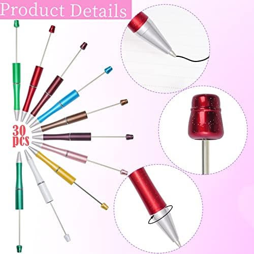 30Pcs Beadable Pens Beaded Ballpoint Pens Bulk for DIY Writing Bright