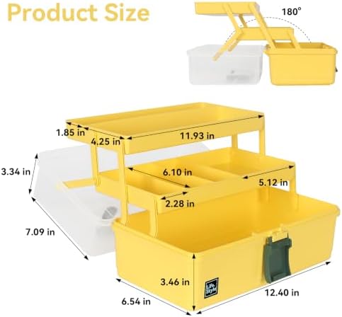 WEWLINE 13-Inch Art Box Sewing Storage Organizer 3-Layers Craft Storage Organizer with Handle Plastic Storage Boxes Organizers for Kids Student Artist,Yellow