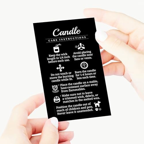 200 pack - Premium Handmade Candle Care Instruction Cards Black 2x3.5 in, Small Business | Soy Bees Wax Melt, Candle Makers, Making Supplies Kit Set, Containers, Jars, Pot, Package