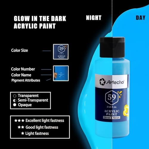 Artecho Glow in the Dark Acrylic Paint Set, 6 Colors x 60ml (2oz) | Non-Toxic Waterproof Art Supplies for Canvas Rock Wood Fabric – Rich Pigment Craft Paint for Adults & Hobbyists