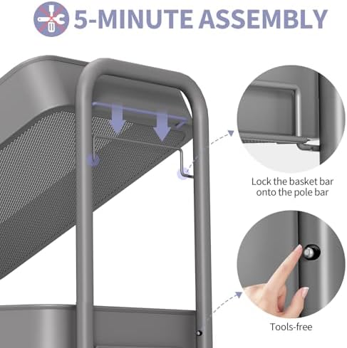 TOOLF 4 Tier Rolling Cart, Metal Utility Storage Cart with Pegboard, Grey | 2 Bins & 4 Hooks, Screwless Assembly, Lockable Wheels, Trolley Organizer for Bathroom, Kitchen, Office, Dorm, Craft Room