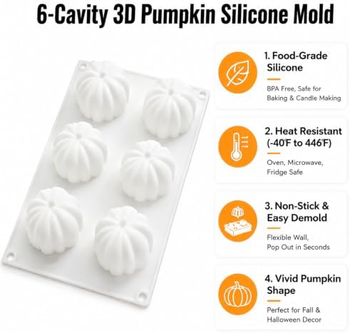 6 Cavity 3D Pumpkin Silicone Chocolate Mold for Halloween fall home decor