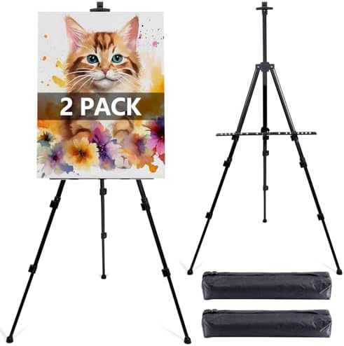 2 Pack Adjustable Art Easel Stand, 17-66 in Aluminum Tripod with Bag | Tool-Free Setup, Folds To 18 In, Stable Non-Slip Feet, Fits Tabletop To Floor Use, for Painting And Display