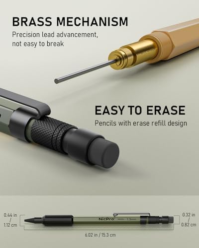 Nicpro 3 PCS 1.3 mm Mechanical Pencil Set with 48 Lead Refill, 3 Eraser
