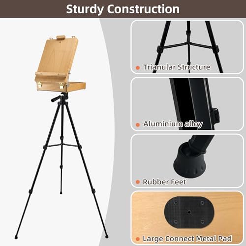 French Style Easel with Beech Wood & Aluminum Tripod | Light Weight Plein Air Easel- Adjustable Sketch box Tripod for Outdoor & Studio Painting, Sketching