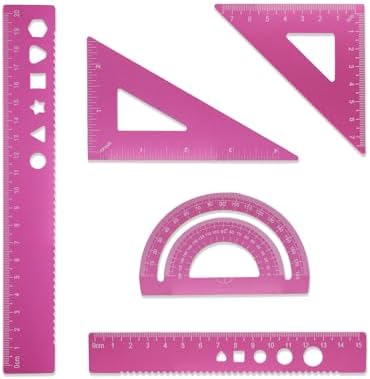 5 Pcs Metal Geometry Set, Math Drafting Ruler Kit- Aluminum Triangle Rulers, Protractor, 8 Inch and 6 Inch Drawing Ruler, Measuring Tool for School and Office Supplies (Light Pink)