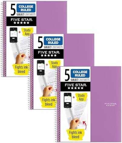 Five Star Spiral Notebook + Study App, 5 Subject, College Ruled Paper, 8-1/2" x 11", 200 Sheets, Fights Ink Bleed, Water Resistant Cover, Amethyst Purple (38748)(Pack of 3)