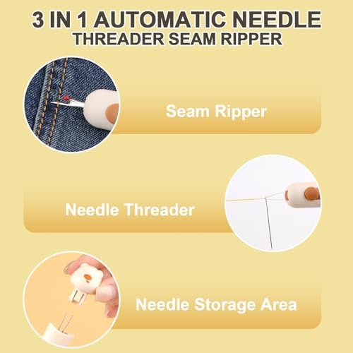 Automatic Needle Threaders Seam Ripper, Upgraded 3 in 1 Sewing Needle Threader Tool, 2Pcs Stretchable Quick Seam Rippers with Needle Storage for Hand Quilling, Embroidery Stitch Removal(Yellow)