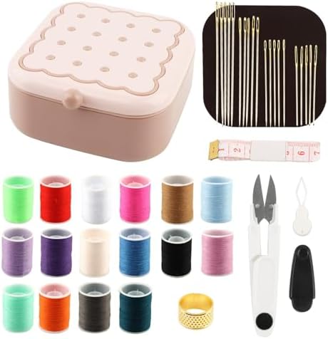 Portable Sewing Kit for Adults and Beginners, 41 Pcs Needle and Thread Set with Storage Case for Clothing Repair, Buttons and Small Tears, Includes Needles, Thread, Scissors and Tape Measure, Pink