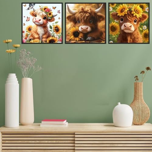 Benjenes 3PCS Highland Cow Diamond Art Kits for Adults, Diamond Painting