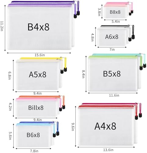 EOOUT 64pcs Mesh Zipper Pouch Bags, 8 Sizes Plastic Bags, 15 Colors