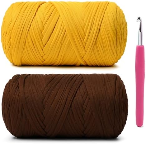 2 Pack Soft Tshirt Crochet Yarn, 800g/228yds High Elastic Hand Knitting Yarns, Thick T Shirt Yarn for Crocheting Bags, Baskets, Cushions, DIY Crafts(Coffee + Golden)