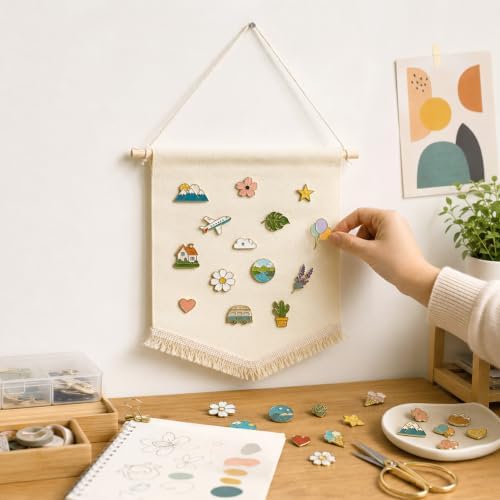 Klmnop 5 Pcs Blank Canvas Banners with Tassels, Enamel Pin Display Banner Wall Hanging, Sublimation blank Banner for Pin Brooch Earrings Jewelry Craft Decor, Beige