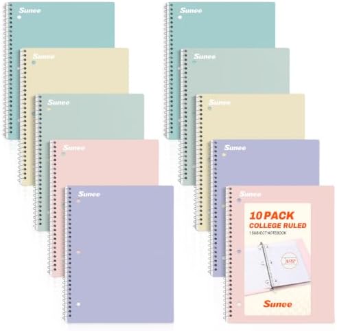 SUNEE Spiral Notebooks, 1-Subject, 10 Pack, College Ruled Paper, 8" x 10-1/2", 70 Sheets per Notebook,3-Hole Punched Paper, Pink,Purple, Blue, Green, Yellow Spiral Lined Notebooks for School,Work