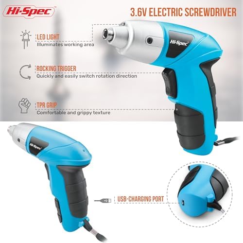 Hi-Spec 3.6V USB Electric Screwdriver for Home Repairs and Assembly, Blue | 27pc, fast assembly help, common screw bit selection, LED visibility, compact grip, quick household fixes, organized storage