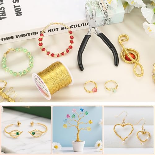 ModaCraft 24 Gauge Sweet Spot Jewelry Wire Gold (213ft/65m) + 4-in-1 Comfort Grip Pliers | Tarnish Proof Copper Craft Wire for Wire Wrapping, Beading & Charm Bracelets | Jewelry Making Starter Kit
