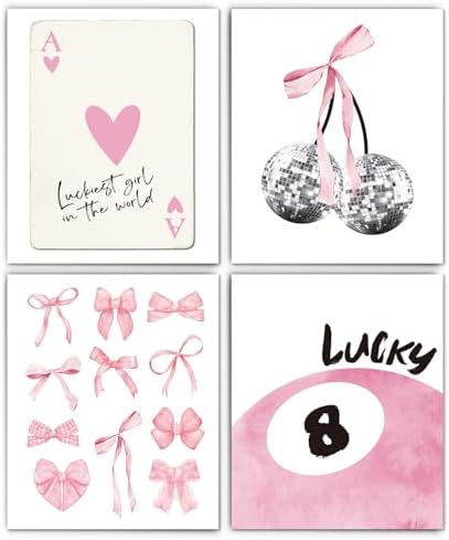 XUNLURY Pink Trendy Preppy Diamond Art Kits 4 Pcs, Coquette Pink Bow Disco 8 Ball Cherry Diamond Painting Kits for Adults Girls Beginners, Full Drill Diamonds Dots for Home Decor, 9.8x11.8 Inch