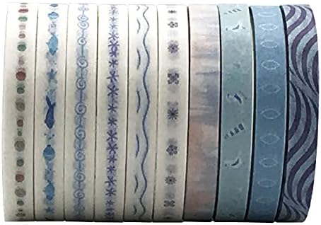 Vintage Pattern 5mm Wide Skinny Washi Tapes Set, 10 Rolls Blue Japanese Masking Decorative Tapes for Bullet Journal Planners DIY Decor Crafts Arts Scrapbooking Adhesive