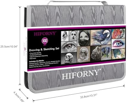 HIFORNY 100 PCS Drawing & Sketching Set, Professional Art Supplies with Graphite,Charcoal, Colored,Watercolor,Metallic Pencils,Blending Tools,Sketchbook and Coloring Book in Zipper Case (Grey)