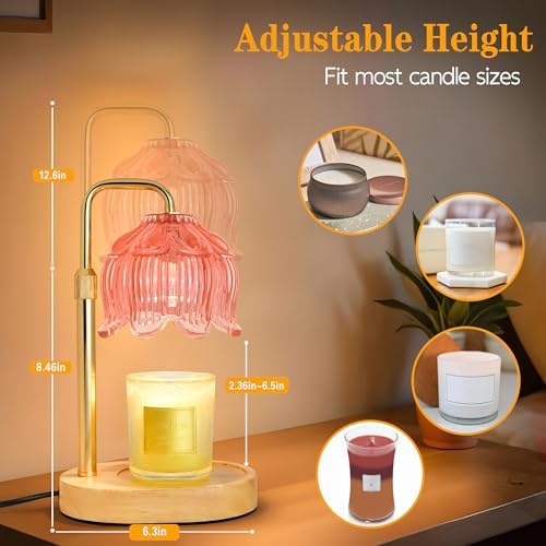 XJZJY Pink Flower Candle Warmer Lamp with Timer, Birthday Gifts for Women | Dimmable wax melt warmer with 2 bulbs for jar candles, height adjustable, lotus flower lamp, home decor, housewarming gift