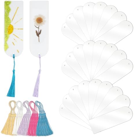 Acrylic Bookmarks Blanks Bulk 50PCS Semicircle Clear Bookmark Plastic Blank 25 Sets with 5 Color Tassels for Vinyl DIY Craft (5.9 * 2.0 inch)