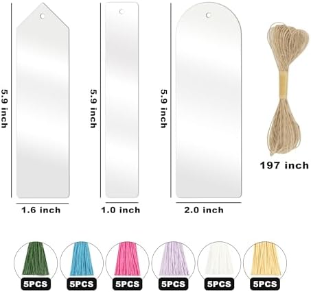 Acrylic Bookmarks Blanks Bulk 61PCS Clear Bookmark Plastic Blank 30 Sets with 6 Color Tassels & Twine String for Vinyl DIY Craft (3 Shape of Bookmarks)