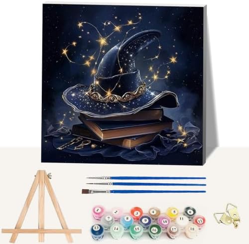 Halloween Paint by Numbers Kit for Adults with Frame Easel 10x10 inch | Halloween Hat Framed Paint by Number Adult,Book Adult Paint by Number, Magic Home Wall Decor DIY Acrylic Oil Painting