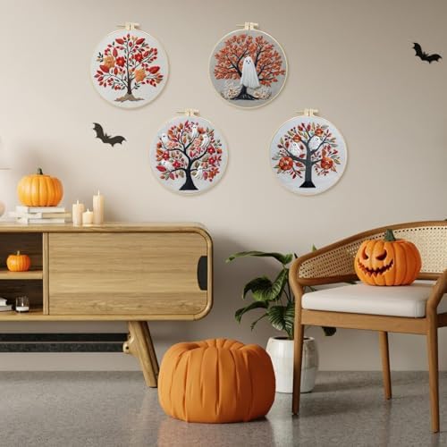 LB 4-Pack Halloween Ghost Embroidery Kit for Beginners: Orange Fall Tree Cross Stitch Kit | Adults DIY Starter Kit Includes Embroidery Hoop, Colorful Threads, Tools and Instructions
