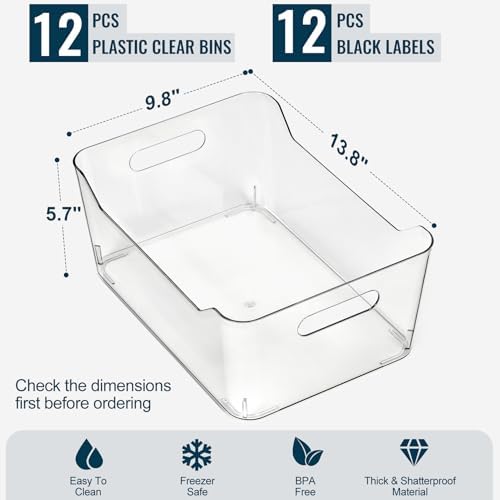 12 PACK Multi-Use Clear Plastic Storage Bins for Organizing w/ Labels - Home, Kitchen, Pantry, Bathroom, Office, Cabinet Shelf Organizer Bins - SOHO Collection, RV, Fridge Organization Containers -XXL