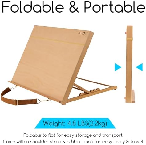 MEEDEN Large Tabletop Drawing Easel: A2 Wooden Sketching Board for Painting | Portable Beech Wood Desktop Art Easel - 5 Position Adjustable Easel with Shoulder Strap for Adult, Artist, Beginner & Student