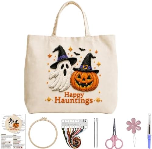 ARTopet Embroidery Tote Bag Kit for Beginners Halloween Canvas Cross Stitch Handbag with Hoops Needles Threads Reusable Grocery Bag for Women-Pumpkin Ghost