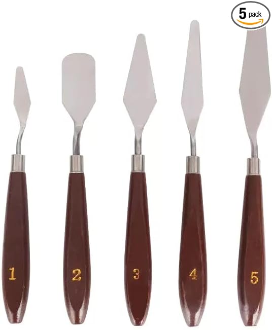PUFUAII 5 PCS Painting Knives Stainless Steel Spatula Palette Knife Oil Painting Accessories Color Mixing Set for Oil, Canvas, Acrylic Painting (drak brown)